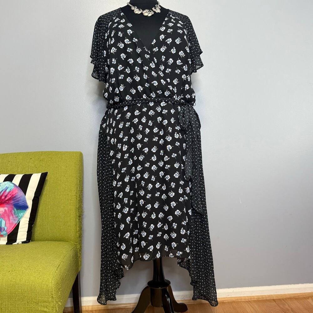 Lane Bryant Black Blue Floral Dot Chiffon Sharkbite Belted Dress NEW 24